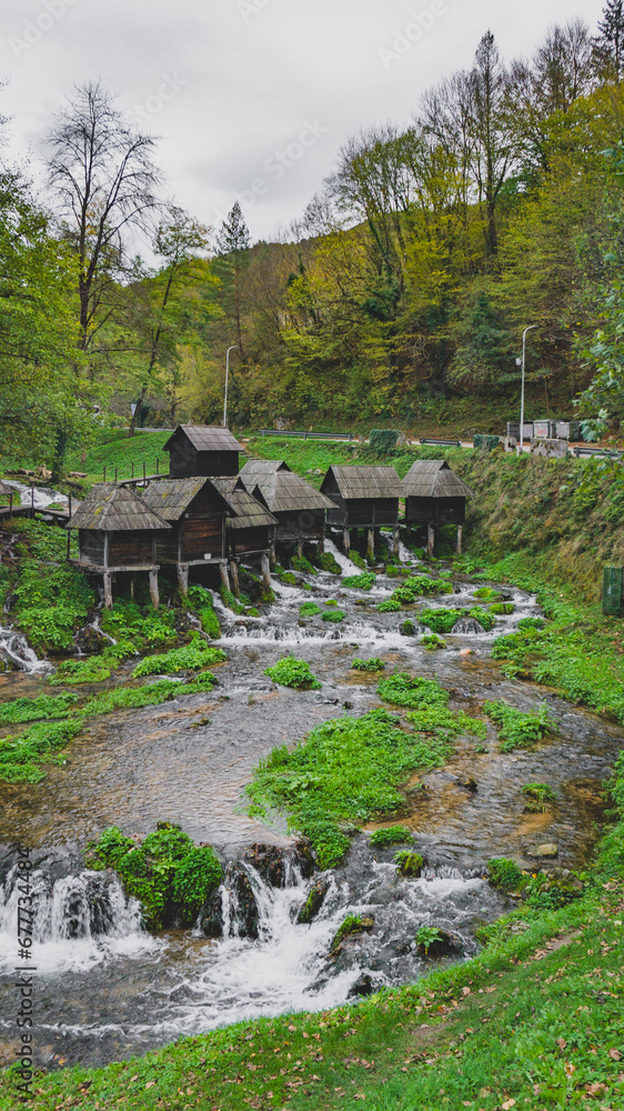 Beautiful small woode watermills in the middle of the forest, Mlincic, Bosnia and  Herzegovina