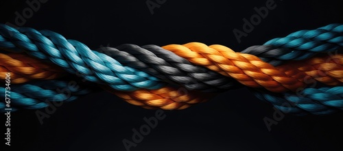  a close up of a blue and orange rope on a black background with a white stripe on the end of the rope.