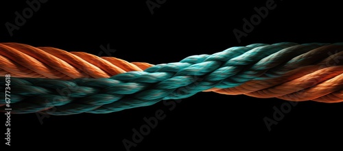  a close up of an orange and blue rope on a black background with a reflection of the rope in the water.