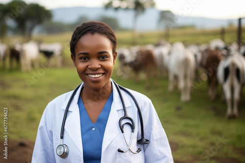 African young woman veterinarian veterinarian in background cows on farm livestock Africa