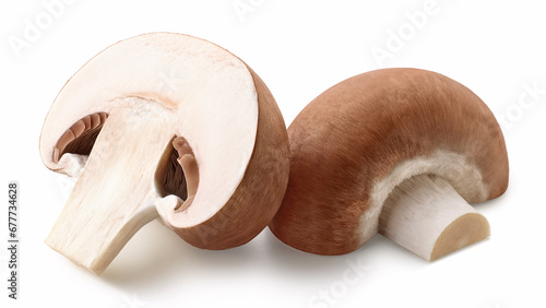 Two fresh brown champignon mushroom halves on white background