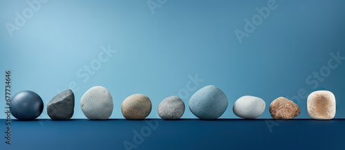  a row of different colored rocks sitting on top of a blue surface with one rock in the middle of the row.