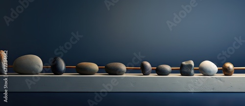  a row of different sized rocks sitting on top of a wooden stick in the middle of a row of different sized rocks.