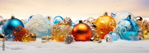  a group of colorful glass ornaments sitting on top of a snow covered ground in front of a cloudy blue sky.