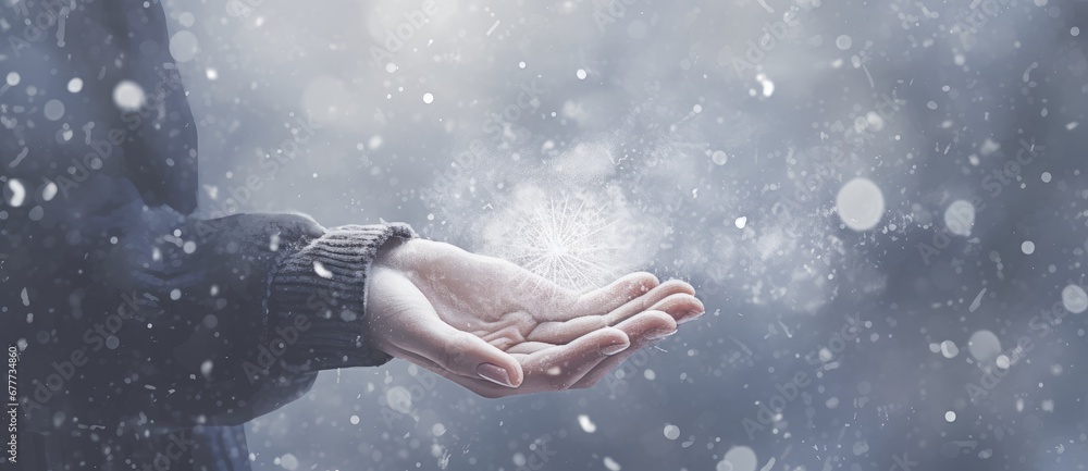  a person holding out their hand with a snowflake coming out of the palm of the palm of their hand.