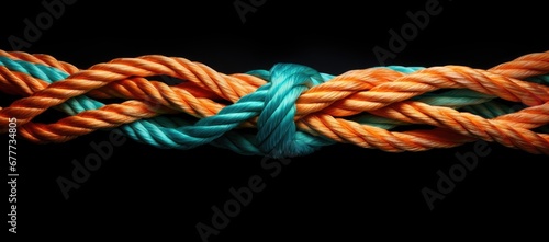  a close up of an orange and blue rope on a black background with space for a text or an image.