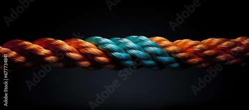  a close up of a bunch of different colored ropes on a black background with a reflection of the rope in the middle of the picture.