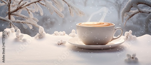  a cup of coffee sitting on top of a saucer on top of a white saucer on top of a snow covered ground.