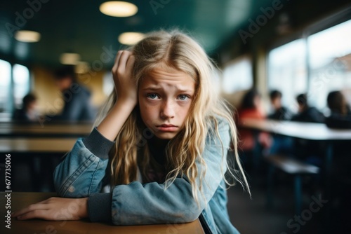 Teenager, kid having a headache and migraine, invisible pain in school photo