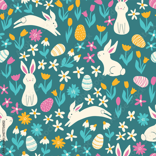 Seamless vector pattern with cute Easter bunnies and decorated Easter eggs and folk flowers.