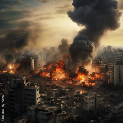 Gaza City and the smoke from aerial bombs