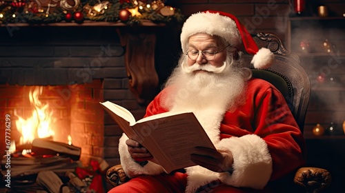  a man dressed as santa claus reading a book in front of a fire place with christmas decorations on the mantle and a christmas tree in the corner of the room. generative ai