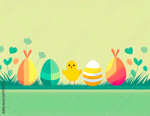 Colorful Easter eggs and a chick on a spring meadow  minimalist banner  illustration