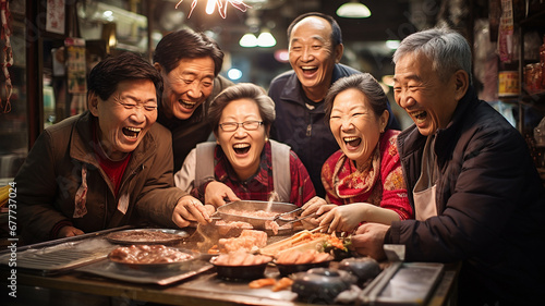 Group of asian old people having a good time at the restaurant
