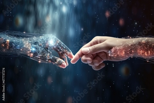 Hands of human and artificial intelligence technology touching for big data network exchange. © dashtik