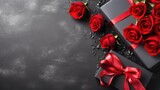  a black box with a red ribbon and a bunch of red roses on a dark background with space for text.