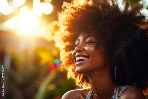 Sunset Radiance: Joyful Afro Woman in Festive Glow