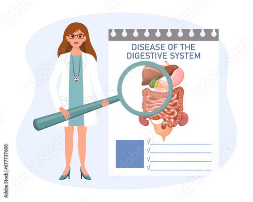 A female doctor with a magnifying glass examines the disease of the digestive system, liver, stomach, kidneys, intestines. The concept of science and medicine. Vector