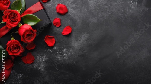  a bouquet of red roses and a black box with a red ribbon on a dark background with space for text. © Jevjenijs