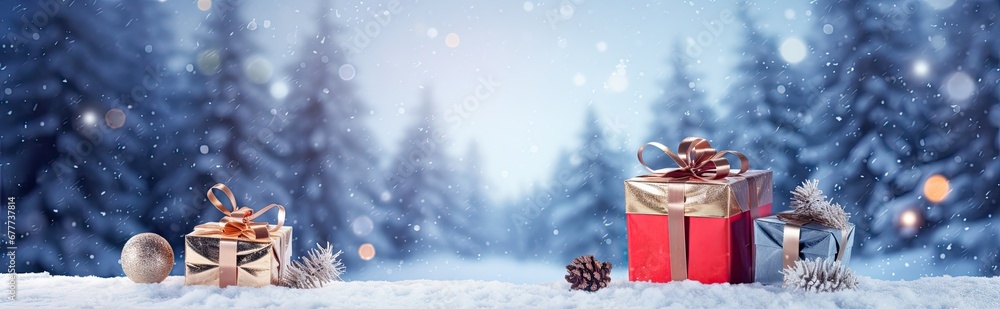 a couple of wrapped presents sitting on top of a snow covered ground in front of a forest filled with trees. a couple of wrapped presents sitting on top of a snow covered ground in front of a forest filled with trees.