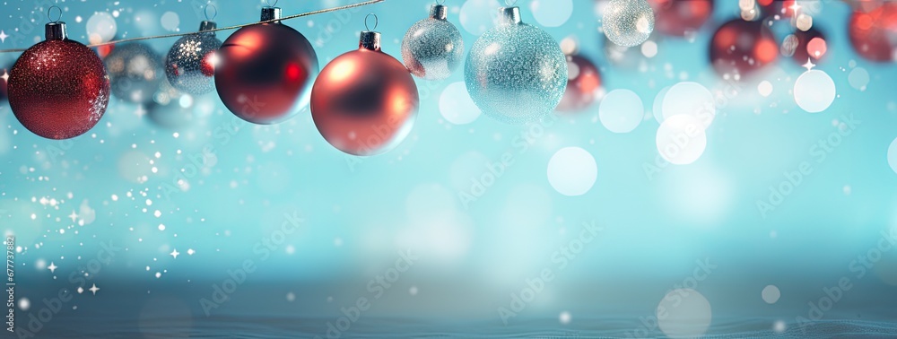 a bunch of red and silver christmas ornaments hanging from a line on a blue background with boke of snowflakes. a bunch of red and silver christmas ornaments hanging from a line on a blue background with boke of snowflakes.
