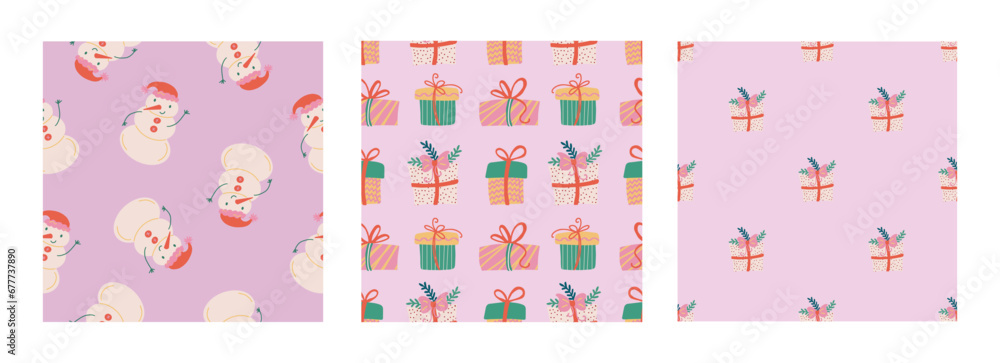 Christmas gifts seamless pattern set. Festive trendy decorative gift boxes. Hand drawn modern vector texture