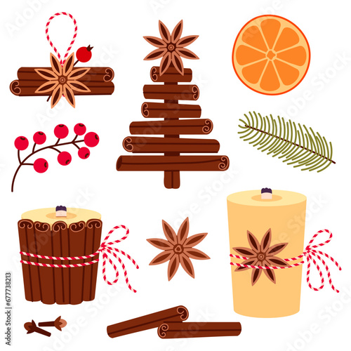 Christmas tree from cinnamon sticks cartoon vector illustration, Handmade  christmas decorations made of spices, DIY. Christmas aroma candles with dry anise and cinnamon sticks