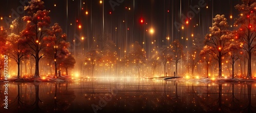  a painting of a night scene with a lake and trees in the foreground and a lot of lights in the background.