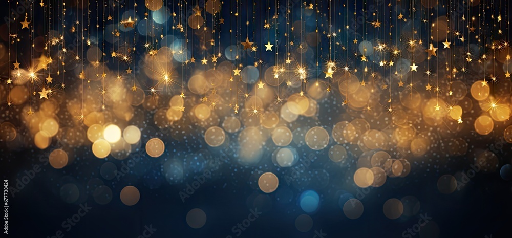  a blurry image of gold stars on a dark blue background with a boke of lights in the foreground. - obrazy, fototapety, plakaty 