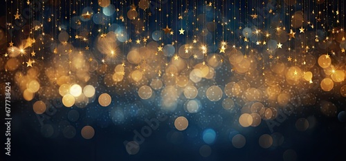  a blurry image of gold stars on a dark blue background with a boke of lights in the foreground. photo