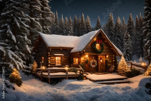 A warmly lit, snow-dusted cabin adorned with festive wreaths and twinkling lights © MISHAL