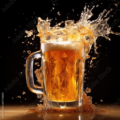 Glass of beer with splash on bar background.