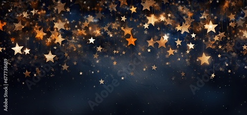  a group of gold stars floating in the air on a dark blue background with stars in the middle of the image. photo