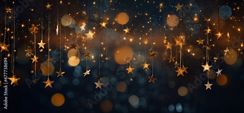  a dark background with gold stars hanging from it's sides and a string of lights hanging from it's sides.