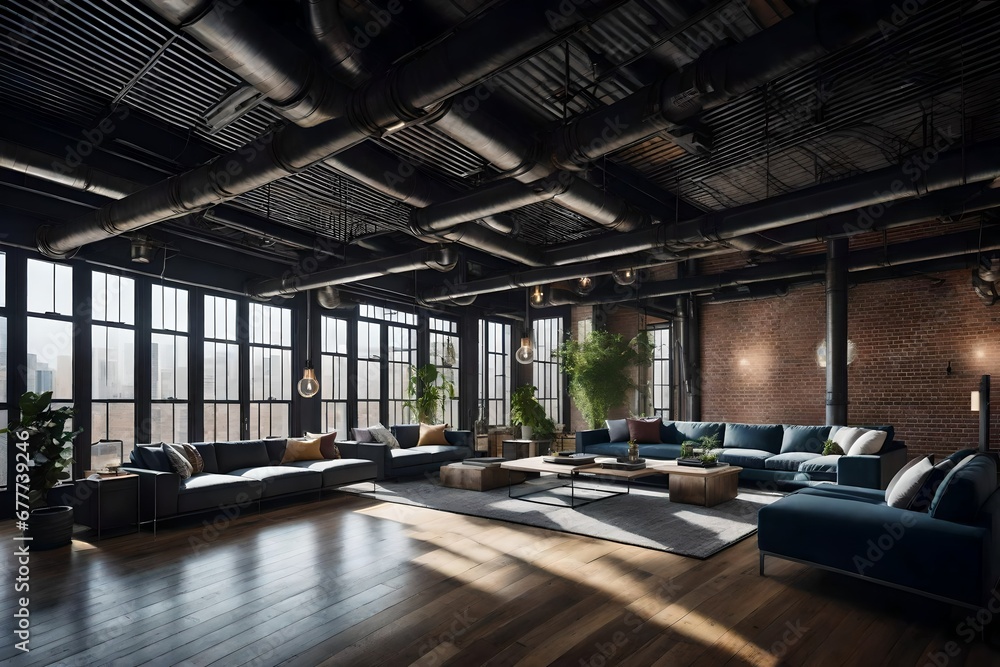 an urban loft-inspired living room with  ductwork and metal beams