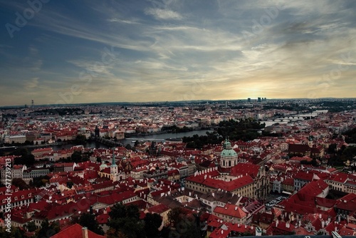 Aerial view of a sunset sky over the skyline of Prague, Czech Republic