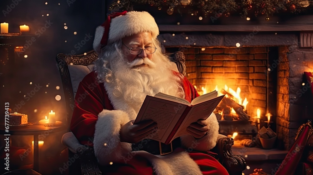  a man dressed as santa claus reading a book in front of a fireplace with a lit christmas tree and lit candles on the other side of the man's head.  generative ai