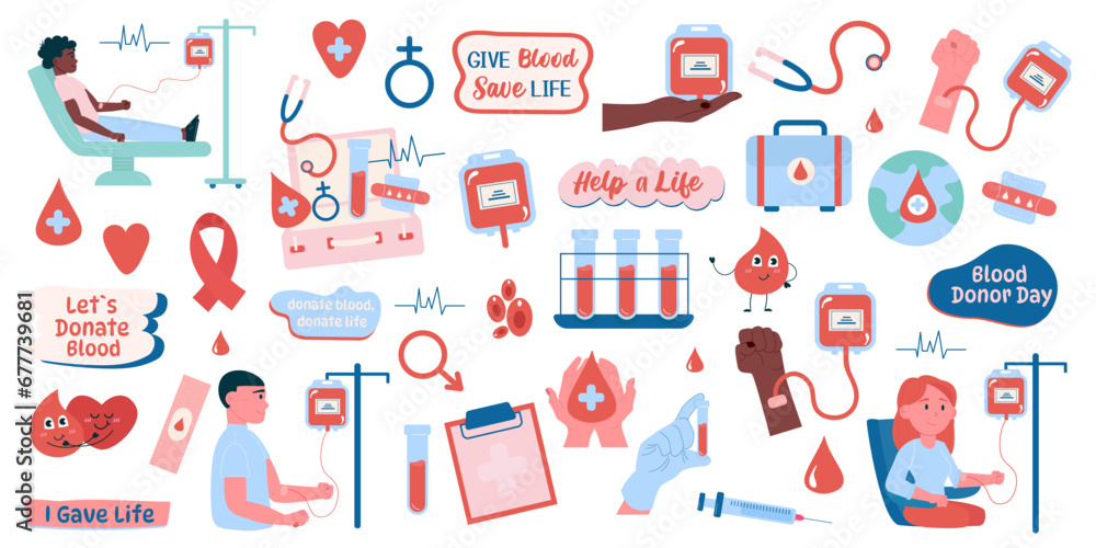 Blood donor collection of flat style elements, lettering, characters