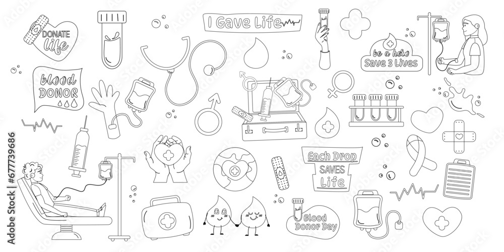 Outline Blood Donor collection of hand drawn style and lettering elements, characters Outline Blood Donor collection of hand drawn style and lettering elements, characters