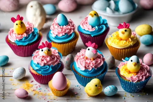 Happy Easter pink, yellow and blue cupcakes with cute chicken decorations