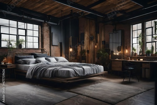 an industrial-style bedroom with a focus on raw and unfinished materials