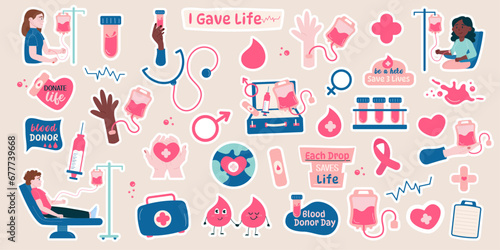 Blood donor stickers collection of hand drawn style and lettering elements, characters