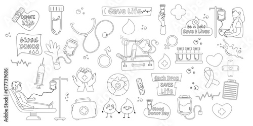 Outline Blood Donor collection of hand drawn style and lettering elements, characters