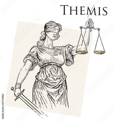 Illustration of the ancient Greek goddess Themis, personifying justice and fair trial, in the engraving style.