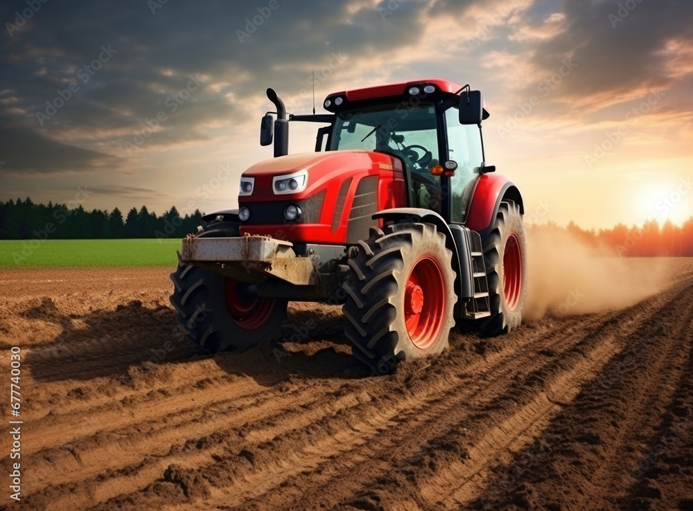 Agricultural red tractor working in the field at sunset Agricultural red tractor working in the field at sunset