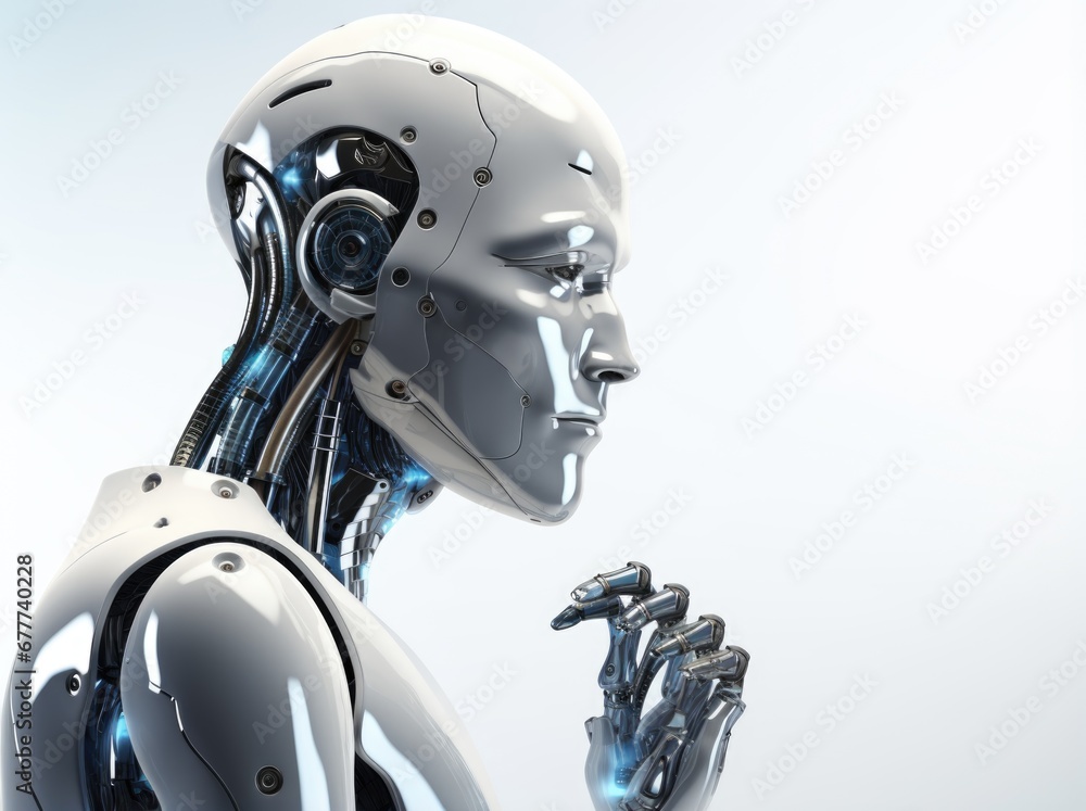 male robot is thinking, future cyborg concept. white background male robot is thinking, future cyborg concept. white background