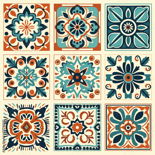 Traditional mexican tiles set. Colorful ethnic ornament. beautiful seamless decorative tile background