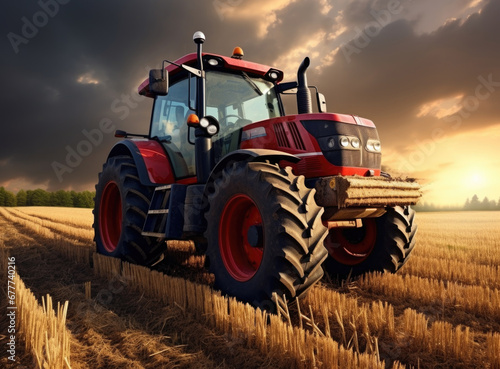 Agricultural red tractor working in the field at sunset