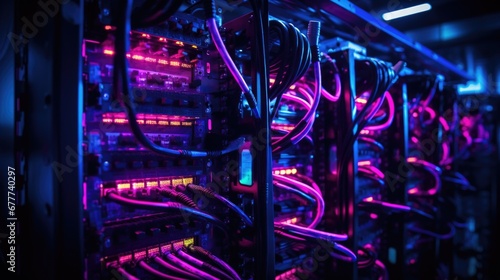 Colorful server room in data center, futuristic technology concept