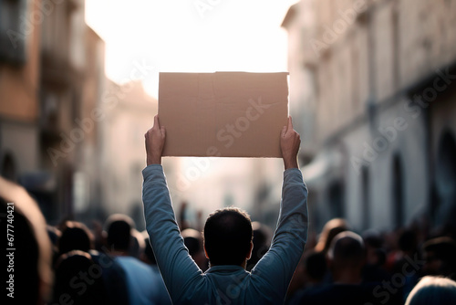 Protestors on the street holding blank cardboard banner sign. Global protest strike for change